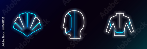 Set line Wetsuit, Scallop sea shell and Diving hood icon. Glowing neon. Vector