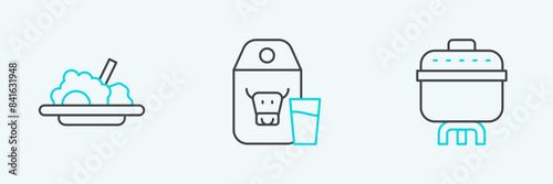 Set line Cooking pot, Healthy food and Paper package for milk icon. Vector