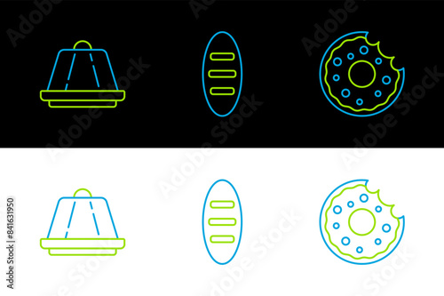 Set line Donut, Pudding custard and Bread loaf icon. Vector