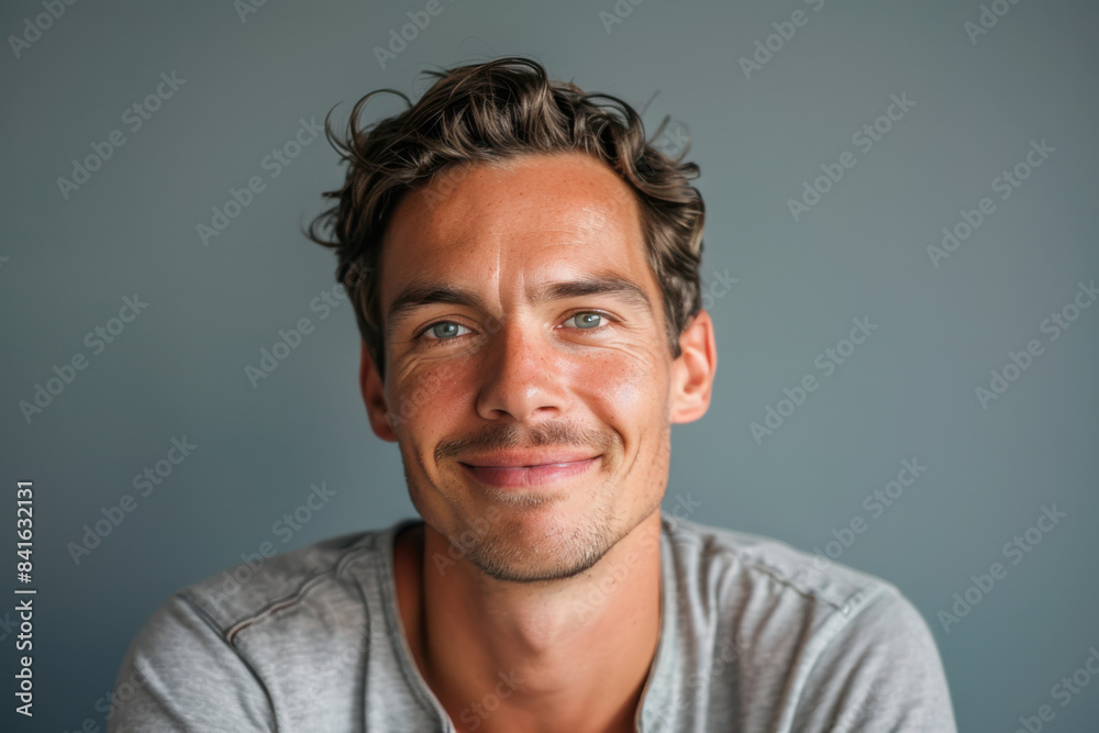 A close up portrait of a young man with a subtle smile A close up portrait of a young man with a subtle smile
