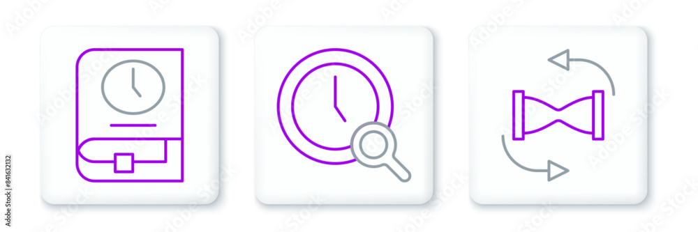 Set line Old hourglass with sand, Time for book and Magnifying clock icon. Vector Set line Old hourglass with sand, Time for book and Magnifying clock icon. Vector