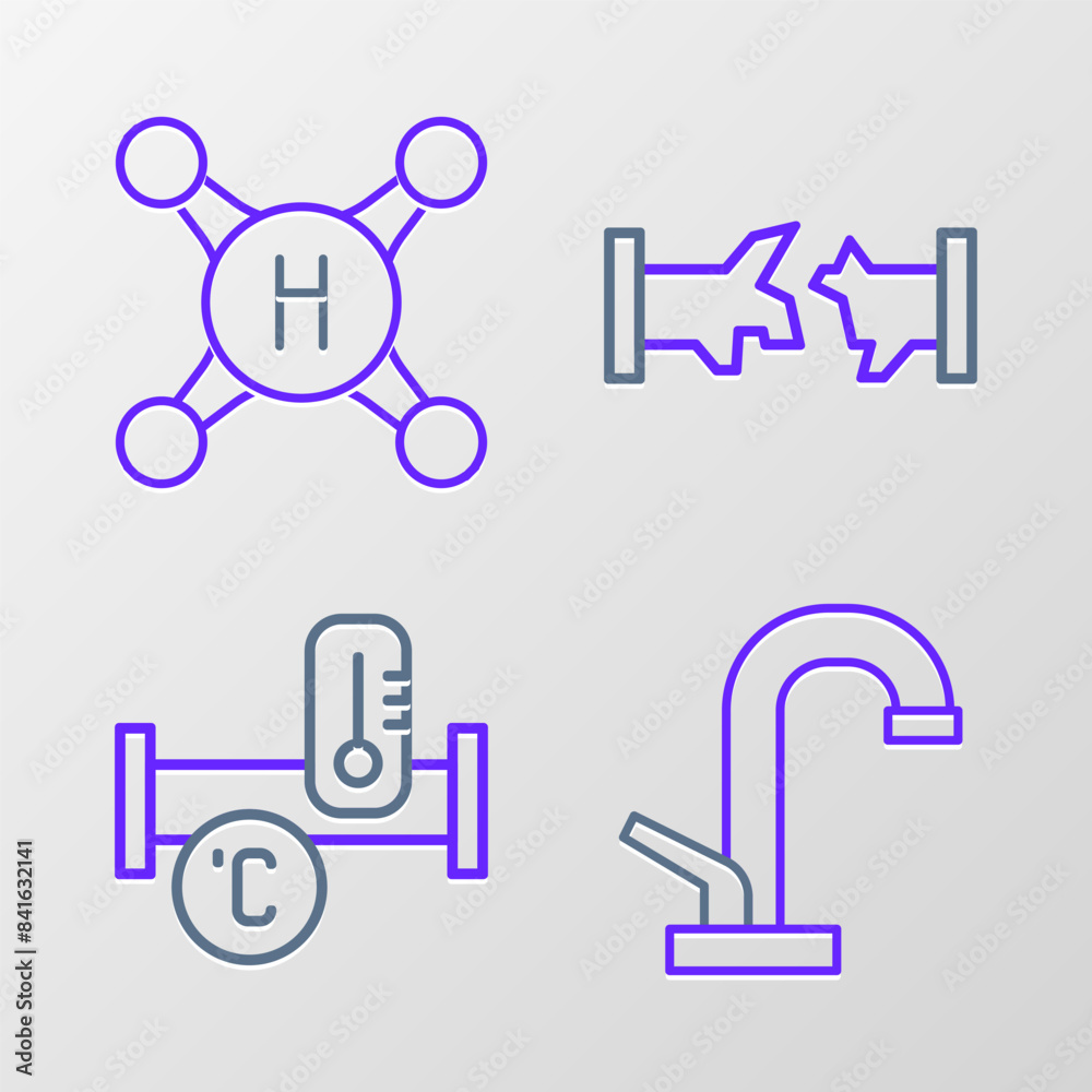 Set line Water tap, Industry metallic pipe, Broken and icon. Vector