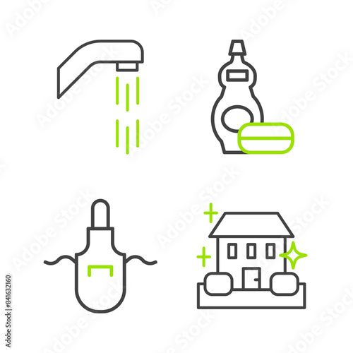 Set line Home cleaning service, Kitchen apron, Dishwashing liquid bottle and Shower head icon. Vector