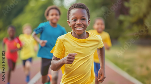Smiling Boy in Yellow Shirt Leading a Children's Race on Track