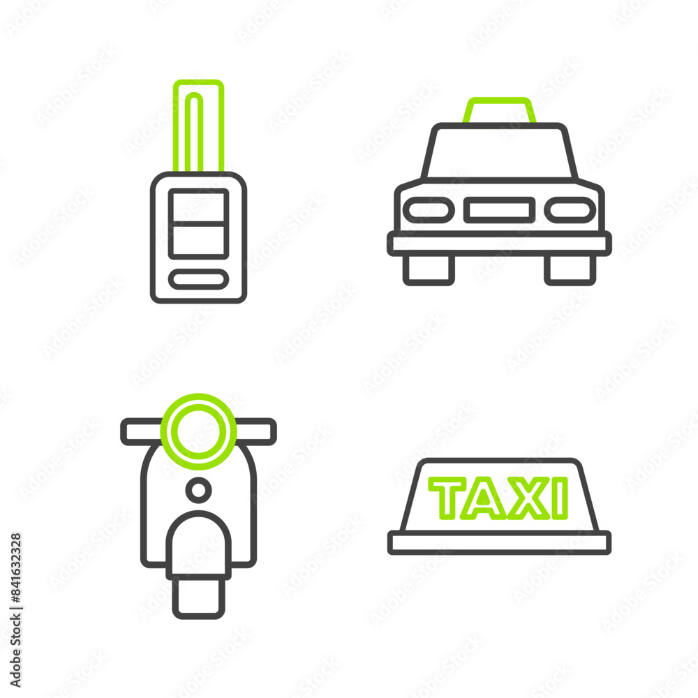 Set line Taxi car roof, Scooter, and Car key with remote icon. Vector Set line Taxi car roof, Scooter, and Car key with remote icon. Vector