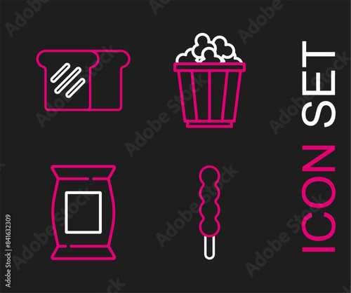 Set line Lollipop, Bag or packet potato chips, Popcorn in box and Bread toast icon. Vector