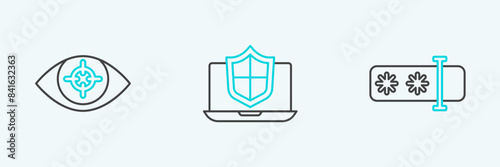 Set line Password protection, Eye scan and Laptop protected with shield icon. Vector