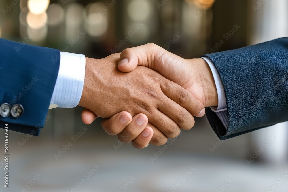 Close-up image of a firm handshake between two professionals in suits, symbolizing agreement and cooperation Close-up image of a firm handshake between two professionals in suits, symbolizing agreement and cooperation