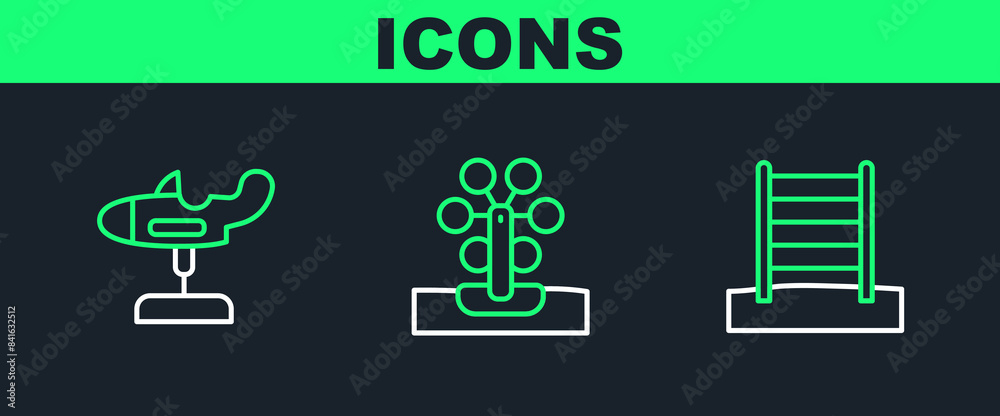 Set line Swedish wall, Swing plane and Ferris wheel icon. Vector Set line Swedish wall, Swing plane and Ferris wheel icon. Vector