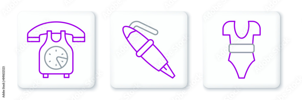 Set line Swimsuit, Telephone handset and Fountain pen nib icon. Vector Set line Swimsuit, Telephone handset and Fountain pen nib icon. Vector