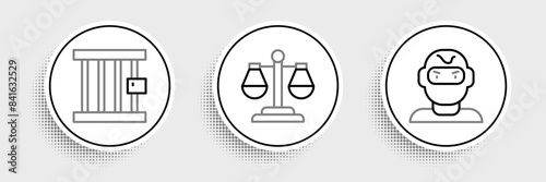 Set line Thief mask, Prison window and Scales of justice icon. Vector
