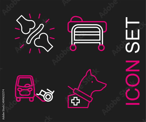 Set line Guide dog, Disabled car, Stretcher and Joint pain, knee pain icon. Vector