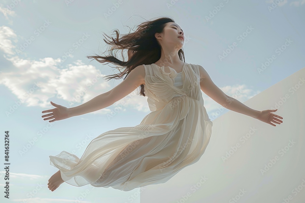 Girl in a white dress flying in the sky. Serenity. Girl in a white dress flying in the sky. Serenity.