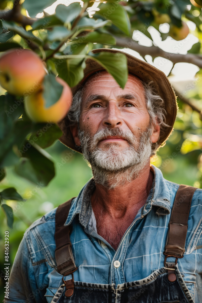Man farmer mature caucasian stand in the orchard apple Man farmer mature caucasian stand in the orchard apple