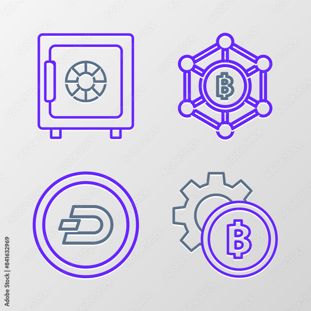 Set line Cryptocurrency coin Bitcoin, Dash, Blockchain technology and Safe icon. Vector Set line Cryptocurrency coin Bitcoin, Dash, Blockchain technology and Safe icon. Vector