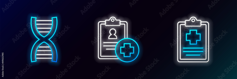 Set line Patient record, DNA symbol and icon. Glowing neon. Vector Set line Patient record, DNA symbol and icon. Glowing neon. Vector