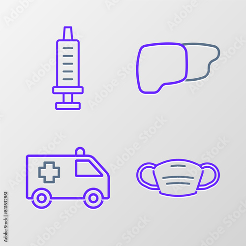 Set line Medical protective mask, Ambulance car, Human organ liver and Syringe icon. Vector