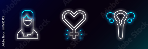 Set line Female reproductive system, Muslim woman in hijab and Feminism icon. Glowing neon. Vector