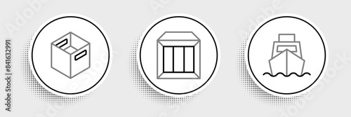 Set line Cargo ship with boxes delivery, Carton cardboard and icon. Vector
