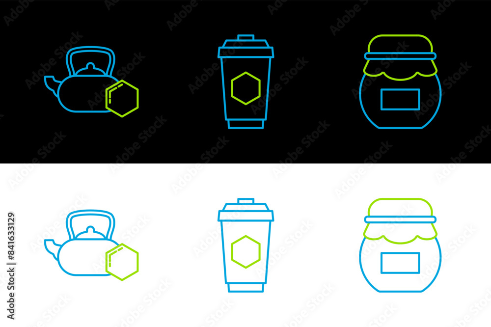 Set line Jar of honey, Tea kettle with and Cup tea icon. Vector Set line Jar of honey, Tea kettle with and Cup tea icon. Vector