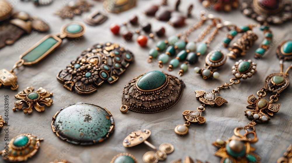 A close-up view of antique brooches and earrings with turquoise stones A close-up view of antique brooches and earrings with turquoise stones