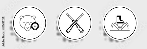 Set line Trap hunting, Hunt on bear with crosshairs and Two crossed shotguns icon. Vector