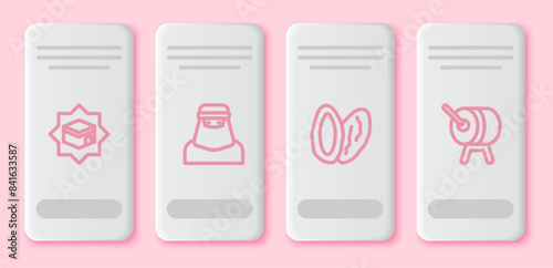 Set line Kaaba mosque, Muslim woman in niqab, Date fruit and Ramadan drum. White rectangle button. Vector