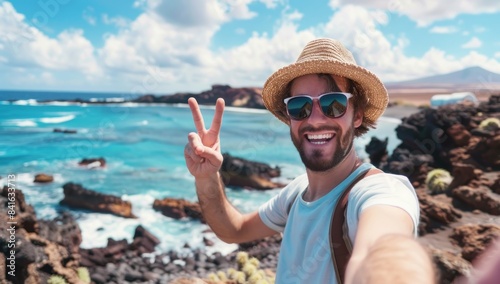 Handsome man wearing hat and sunglasses taking selfie picture on summer vacation day - Happy hiker with backpack smiling at the camera outside - Tourist walking on the beach. © inthasone