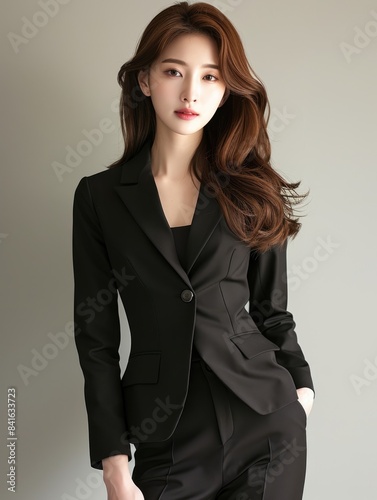 Close-up of Asian female executive businesswoman’s black uniform reflecting success and modernity on a beige background