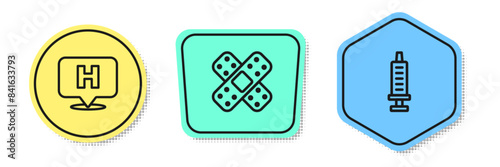 Set line Location hospital, Crossed bandage plaster and Syringe. Colored shapes. Vector