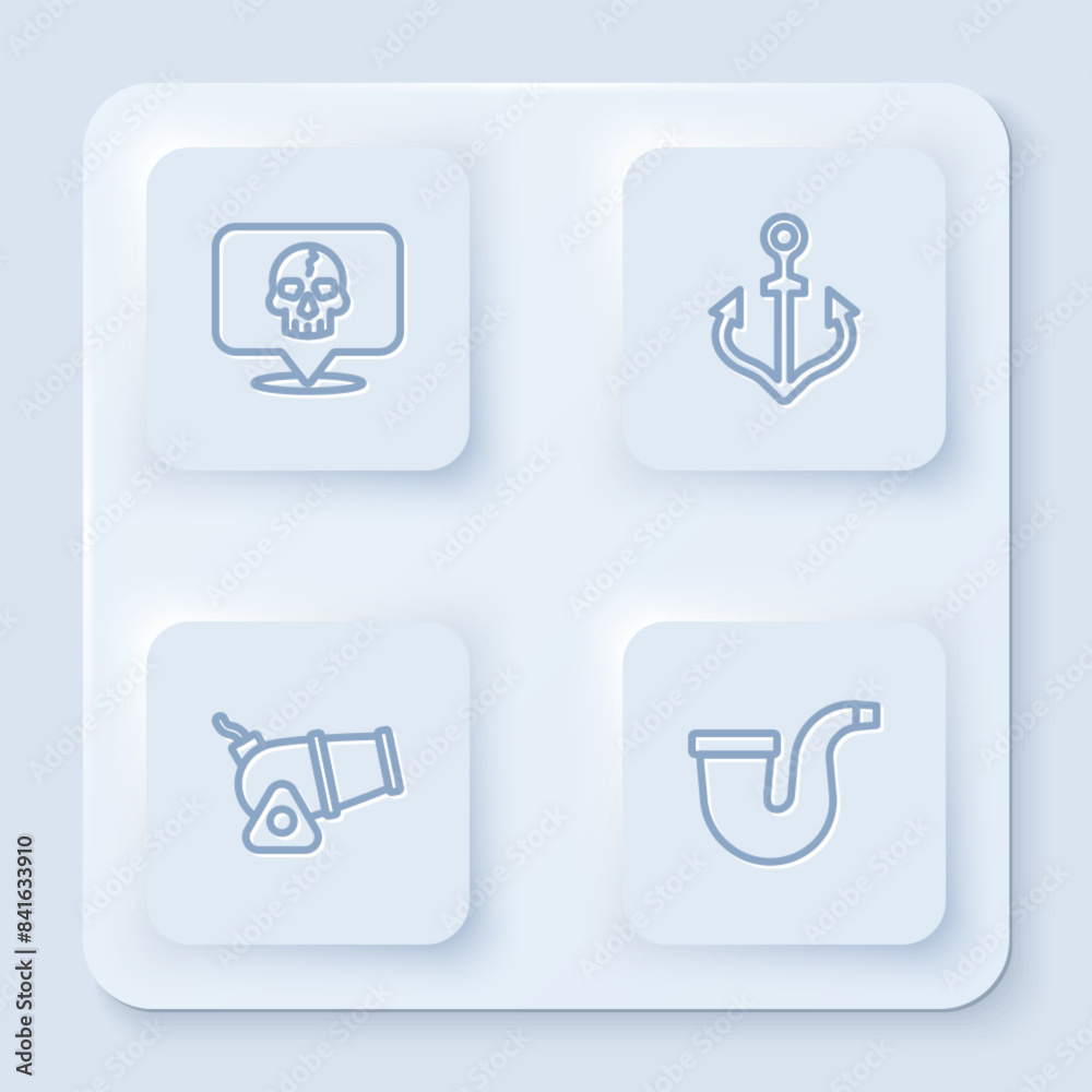 Set line Skull, Anchor, Cannon and Smoking pipe. White square button. Vector Set line Skull, Anchor, Cannon and Smoking pipe. White square button. Vector