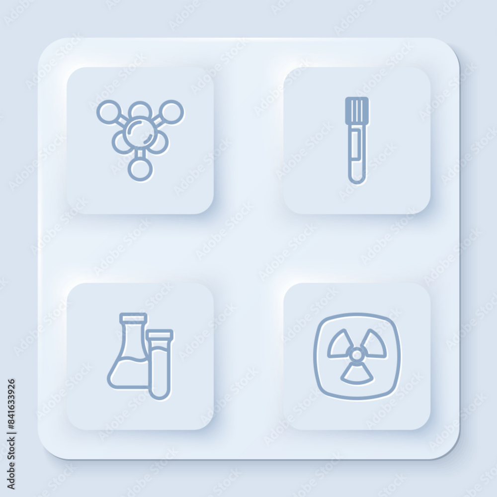 Set line Molecule, Test tube, and Radioactive. White square button. Vector Set line Molecule, Test tube, and Radioactive. White square button. Vector
