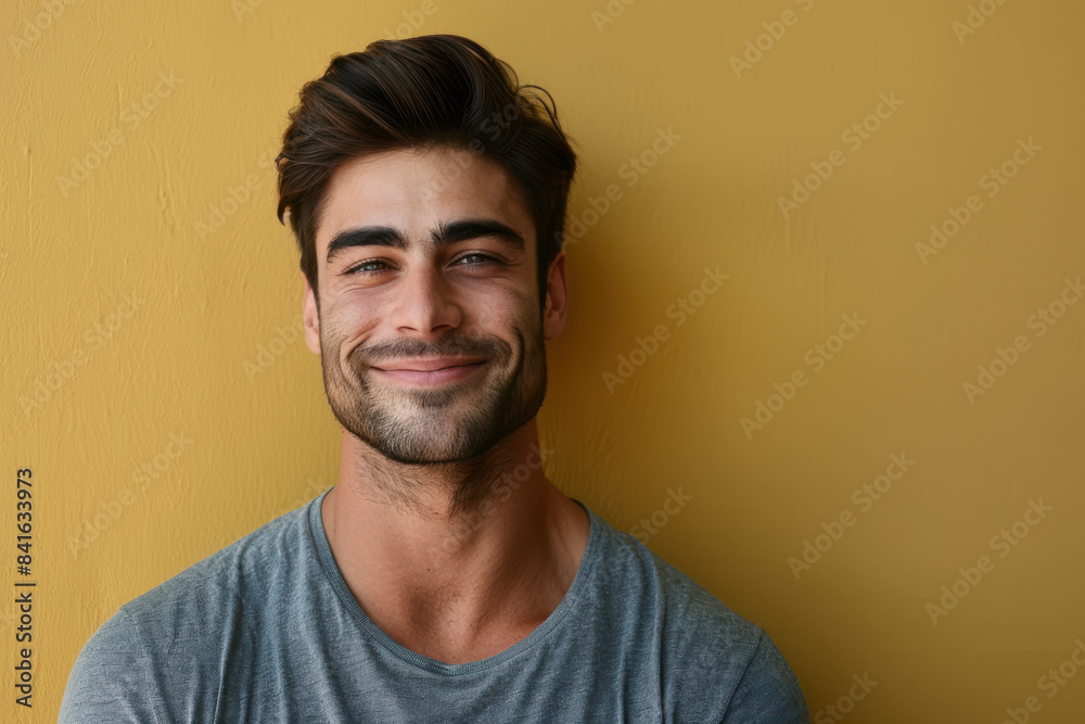 A close up portrait of a young man with a subtle smile A close up portrait of a young man with a subtle smile
