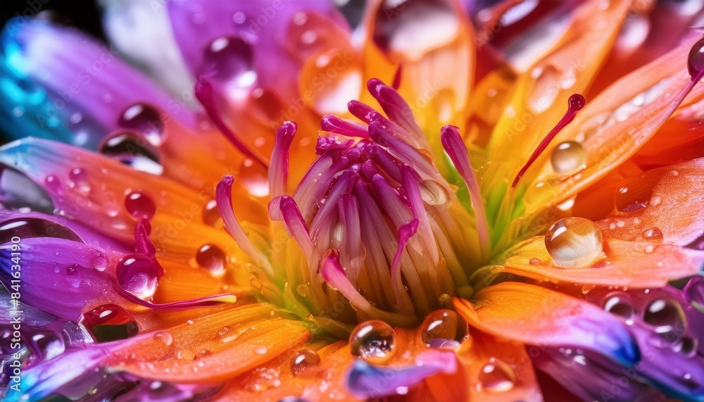 Obraz premium Close-up of a vibrant, multicolored flower with dew drops on its petals, showing intense color details.