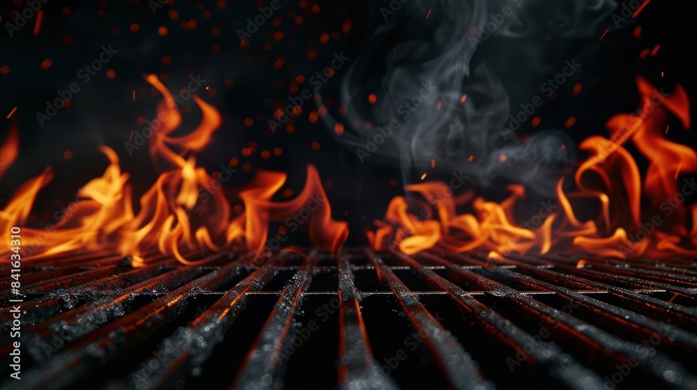 Empty Grill over Burning Fire on Black Background. AI generated Empty Grill over Burning Fire on Black Background. AI generated