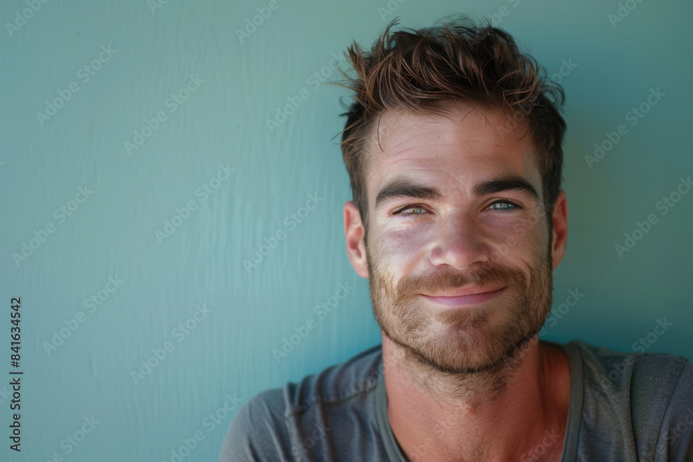 A close up portrait of a young man with a subtle smile A close up portrait of a young man with a subtle smile