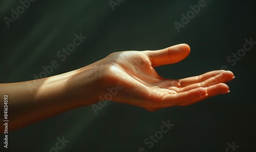 Detailed Closeup of an Outstretched Hand on a Dark Background: Ideal for Healthcare, Meditation, and Support-Themed Projects