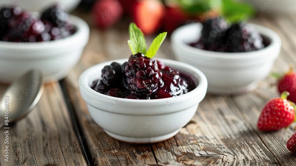Serving homemade mix berry compote in small white bowls on a wooden table. Generative Ai Serving homemade mix berry compote in small white bowls on a wooden table. Generative Ai
