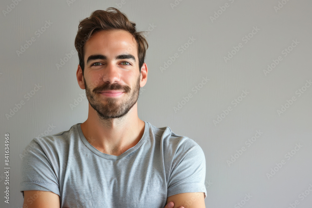 A close up portrait of a young man with a subtle smile