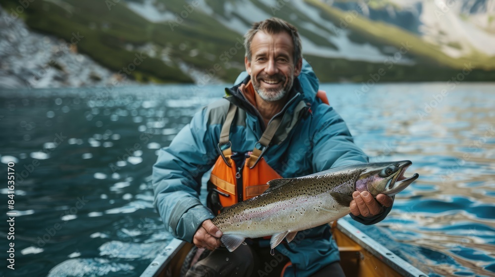 Happy fisherman caught and holds huge codfish standing on deck of fishing boat in Sea Happy fisherman caught and holds huge codfish standing on deck of fishing boat in Sea