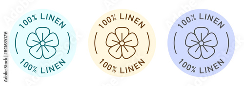 100 percent linen label vector design for packaging. Linen flower icon. Organic fabric color sticker.