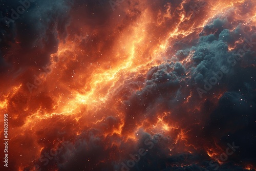 An abstract image showing a tumultuous cloudscape dominated by intense fiery tones and swirling smoke patterns