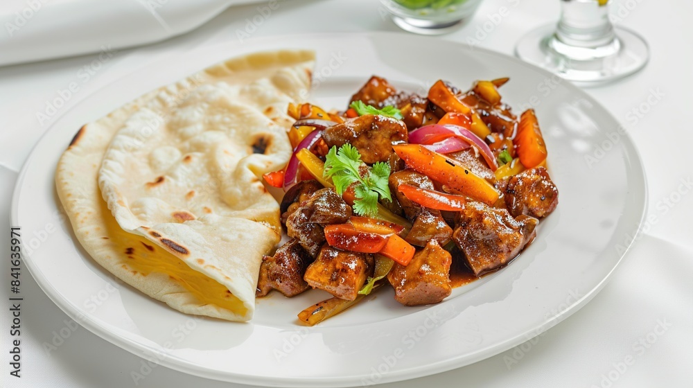 Soft thin white chapati on the side of a juicy hot stir fry served on a white plate. Generative Ai Soft thin white chapati on the side of a juicy hot stir fry served on a white plate. Generative Ai