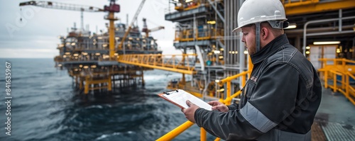 Engineer with clipboard at offshore platform
