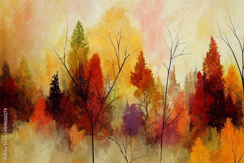 Watercolor autumn forest vector illustration, abstract fall season painting, beautiful nature art background, yellow and red bright foliage