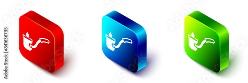Isometric Sauna ladle icon isolated on white background. Red, blue and green square button. Vector