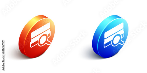 Isometric Agricultural soil test and results icon isolated on white background. Digital soil analysis. Orange and blue circle button. Vector