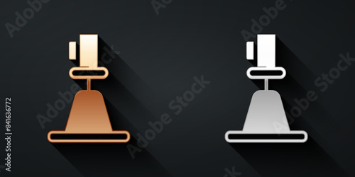 Gold and silver Tacheometer, theodolite icon isolated on black background. Geological survey, engineering equipment for measurement and research. Long shadow style. Vector