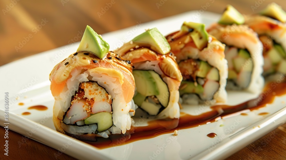 Sushi roll with avocado on top and soy sauce . Generative Ai Sushi roll with avocado on top and soy sauce . Generative Ai