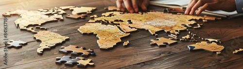 Hands assembling world map puzzle, representing global strategy, travel planning, and international business concept on wooden table.